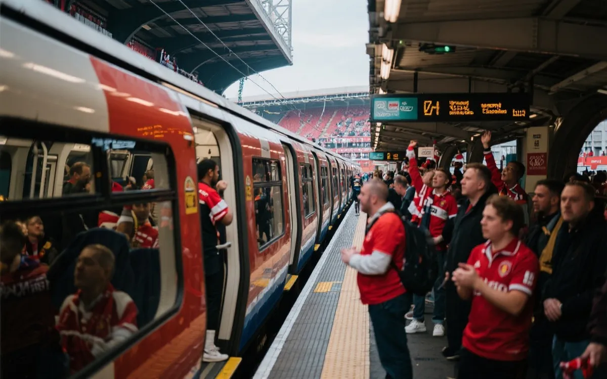 比赛日城市交通与球迷前往球场的动线示意风格画面
